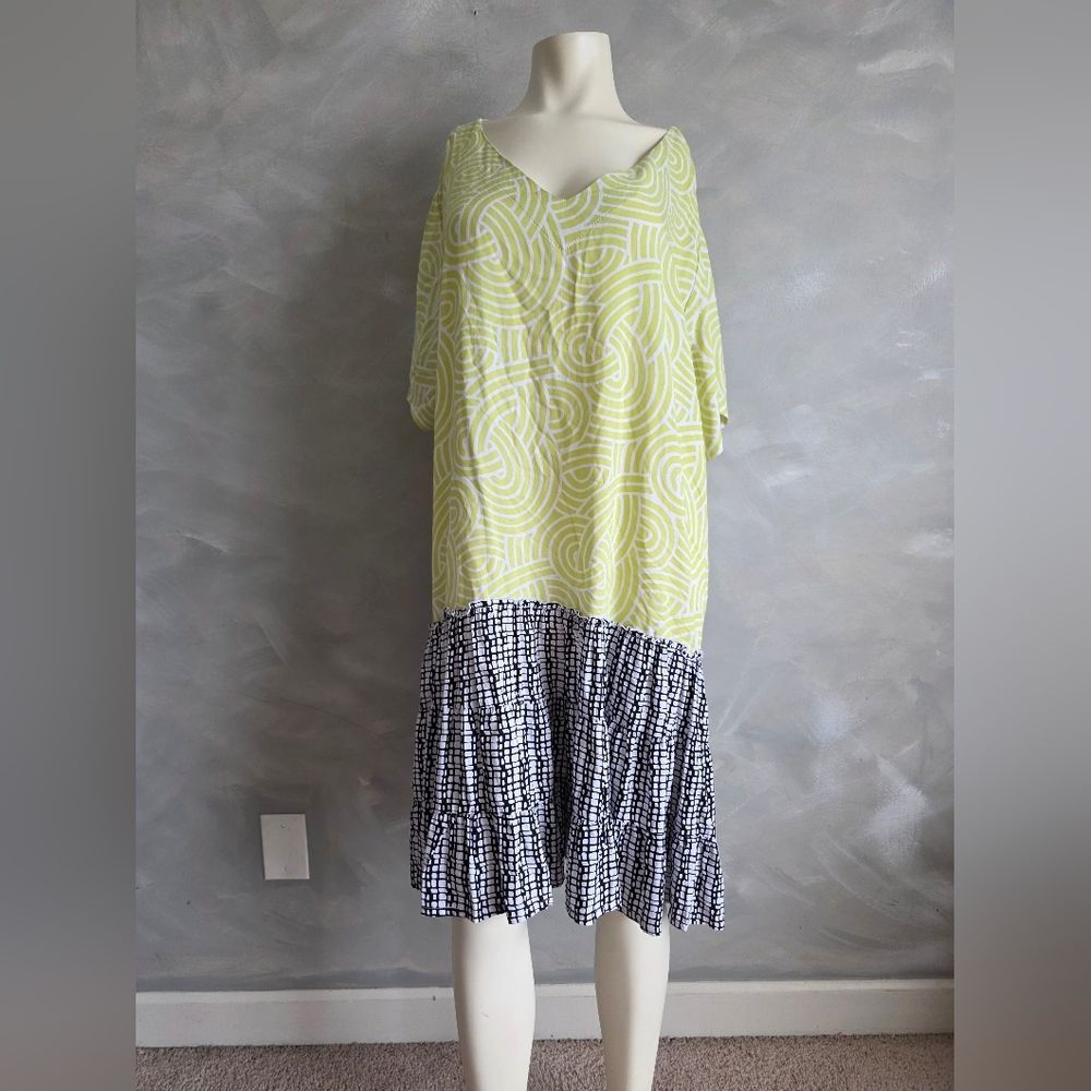 Anna Ocean Geometric Mixed Print V Neck Tunic Dress Sz 1X Green Black
